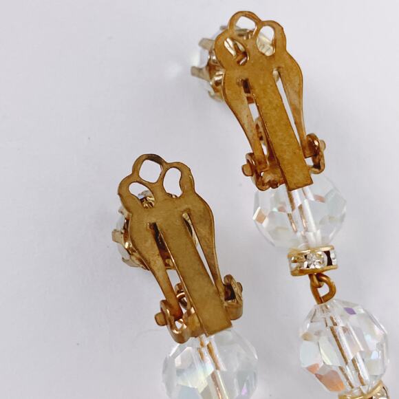 Vintage Mid Century AB Crystal Cocktail Earrings 1950s 1960s Gold Tone Clip On - Picture 11 of 15